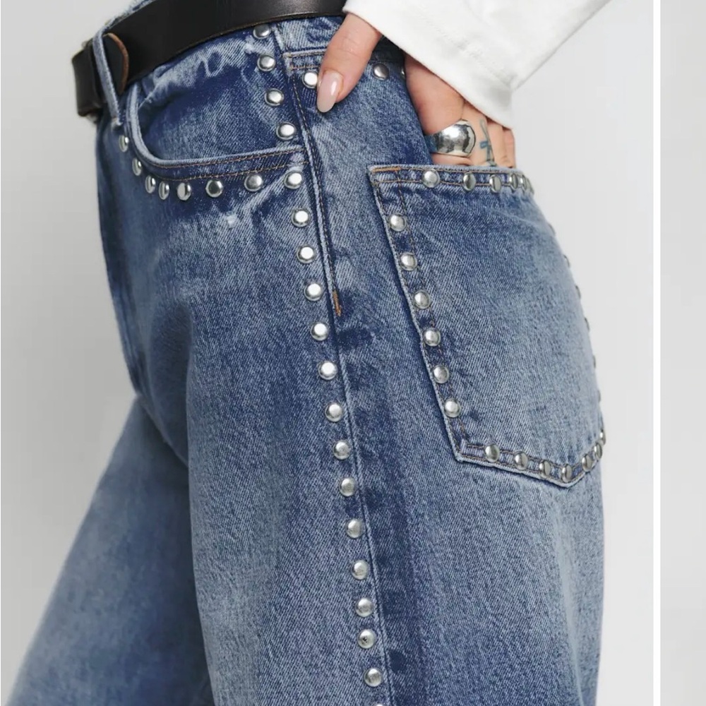Reformation Blue Studded Straight Leg Jeans
